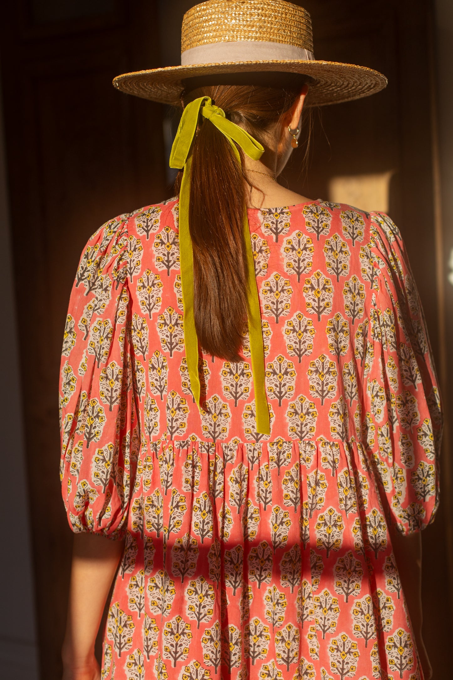 Briony Dress - hand block printed - Flamingo